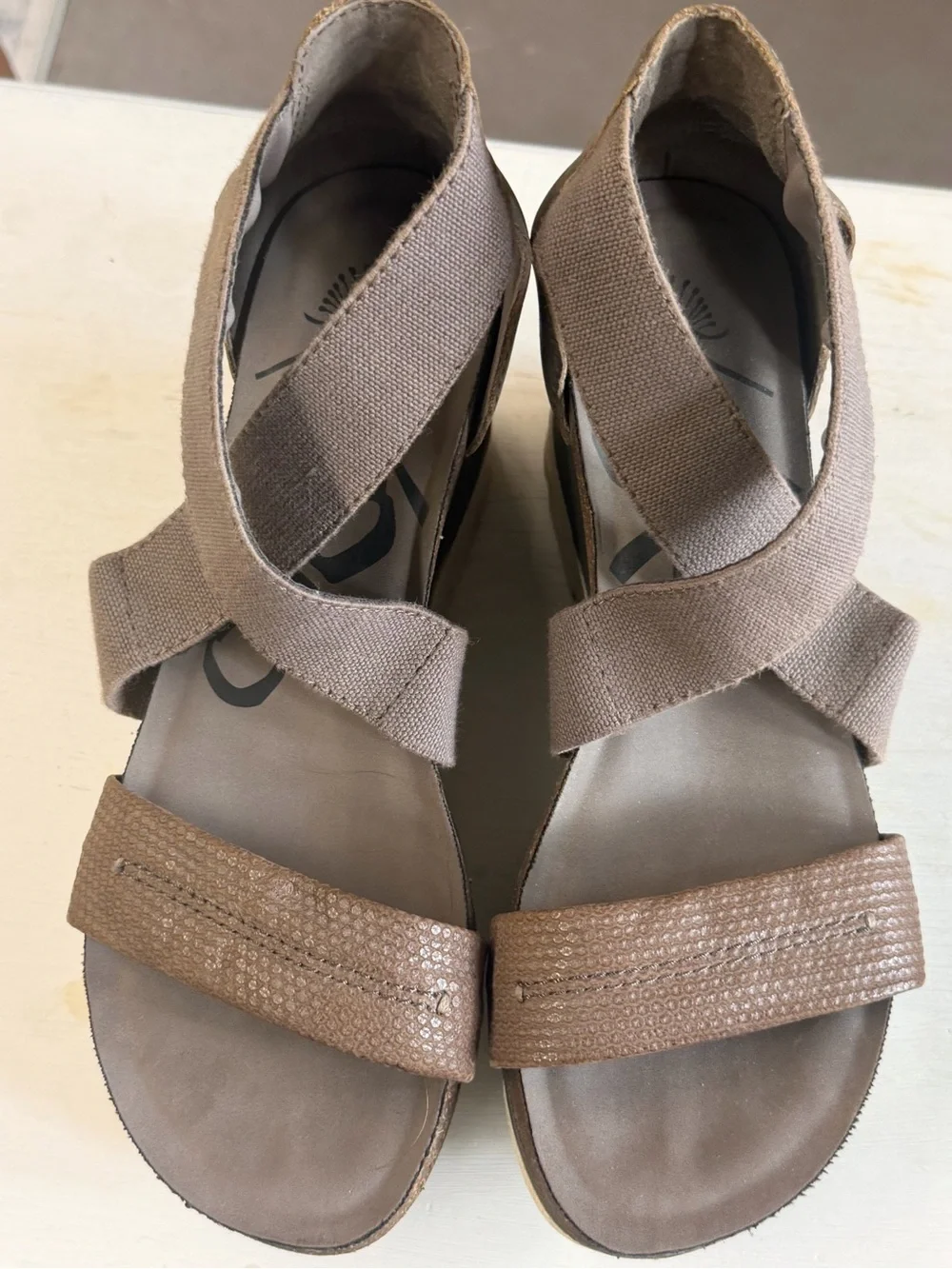 OTBT Taupe and Brown Strap Wedge Sandals